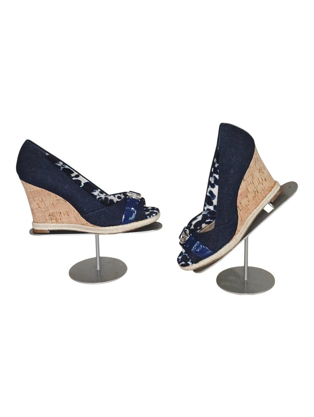 New W/O Box Arturo Chiang Navy Cork Wedge Peep-Toe Heels Size 7.5